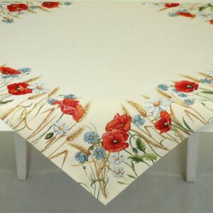 Gobelinowy kwadrat w maki i kwiaty – dekoracja stołu w stylu klasycznym