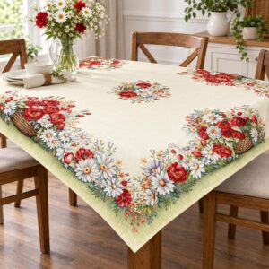 Serweta gobelinowa kwadrat 100x100 w maki i margaretki na stole w jadalni