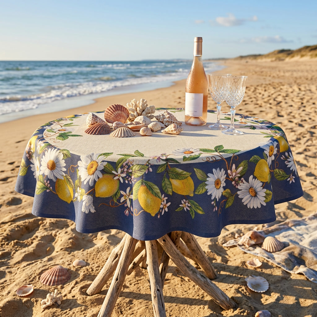 Obrus okrągły „Słoneczna Cytryna i Stokrotki” gobelinowy