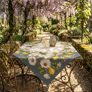 Obrus Gobelinowy „Słoneczna Cytryna i Stokrotki” – Elegancja Tkana Naturą