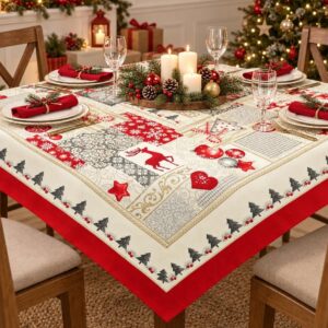 Serweta gobelinowa patchwork – świąteczne renifery, serca i choinki, serweta 100x100 cm na stole ze świecami