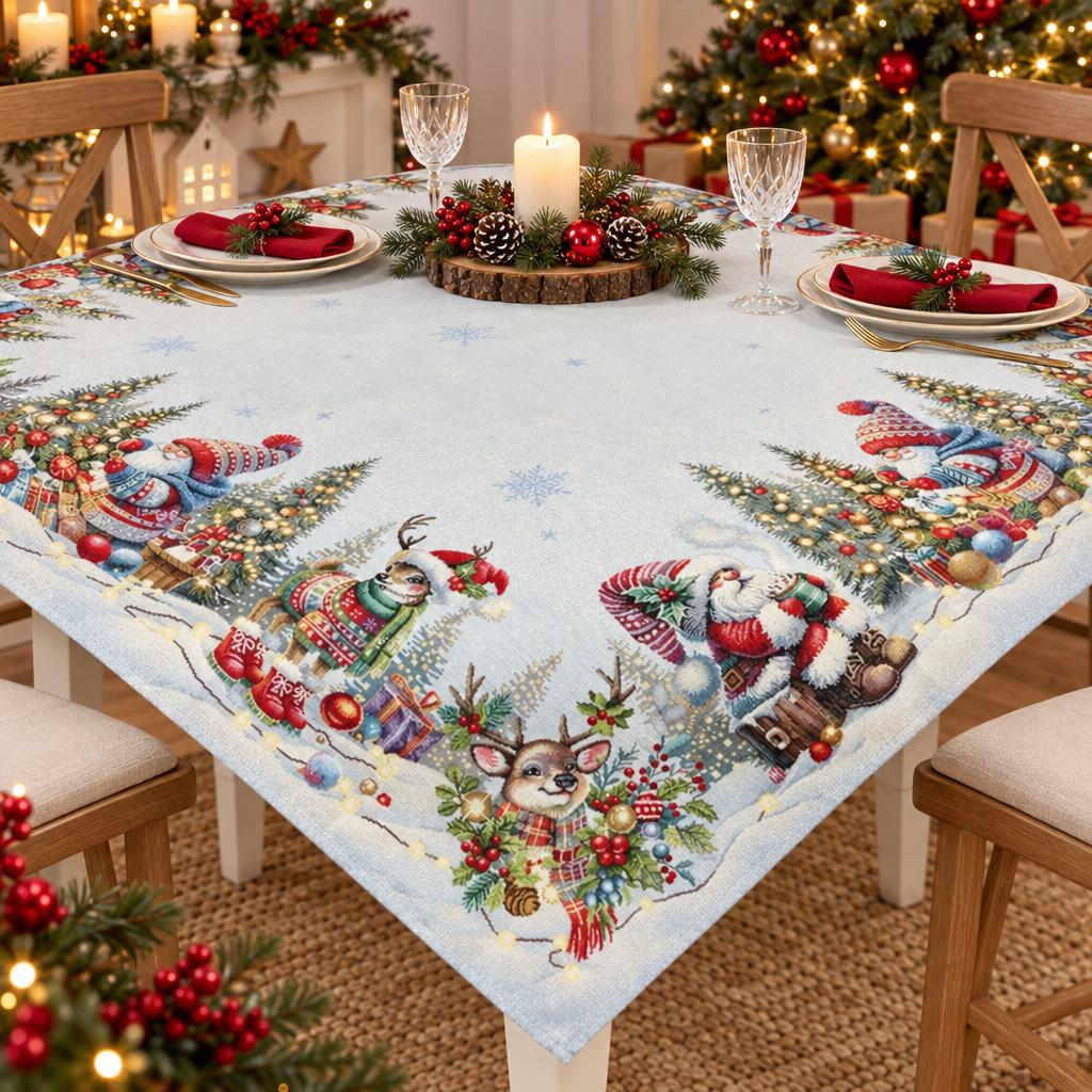 Serweta gobelinowa wesoły renifer – główny widok: renifer w swetrze, skrzaty i rozświetlone choinki na jasnej serwecie na stole